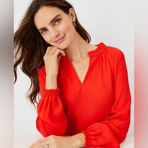 Ann Taylor Ruffle Split Neck Blouse